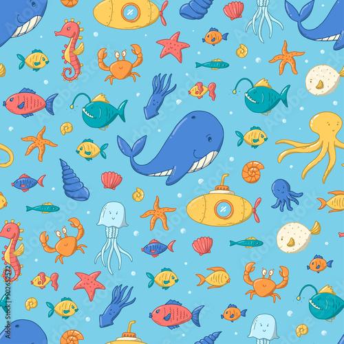 Sea life seamless pattern with fish doodles for nursery textile prints  scrapbooking  stationary  wallpaper  wrapping paper  packaging. Kids print  pattern. EPS 10