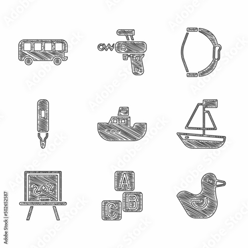 Set Toy boat, ABC blocks, Rubber duck, Chalkboard, Marker pen, Bow toy and Bus icon. Vector