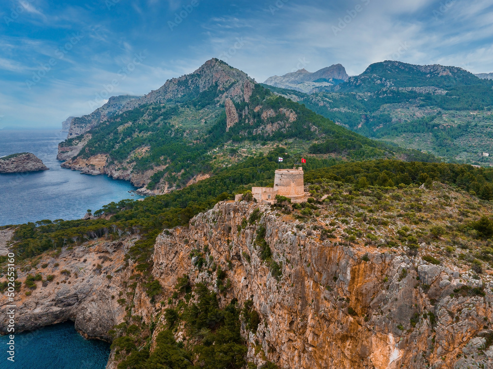 Aerial view of the luxury cliff house hotel on top of the cliff on the island of Mallorca, Spain.
