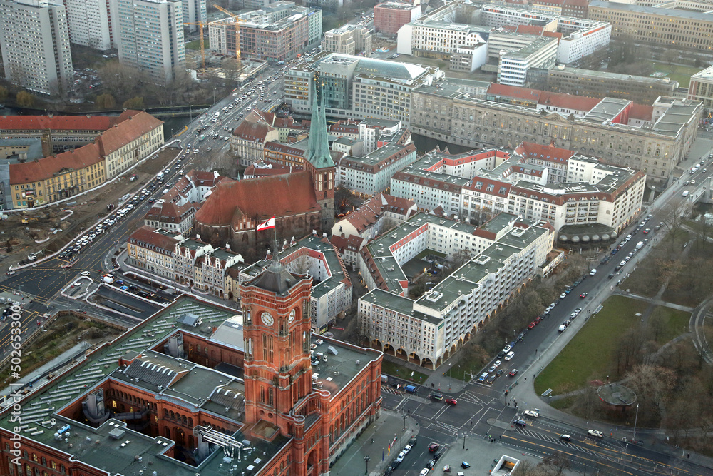 View from TV Tower at Red City Hall and St Nichoas church - Berlin, Germany