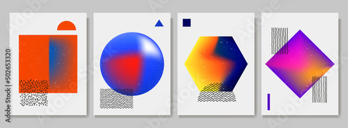 Vector illustration. Vintage style backgrounds with grunge grain overlay. Geometric shapes on white paper. Design elements for poster, greeting or business card, cover, brochure. Wall art decoration