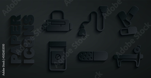 Set Vitamin pill, Anabolic drugs, Bench with barbel, Chest expander and Sport bag icon. Vector