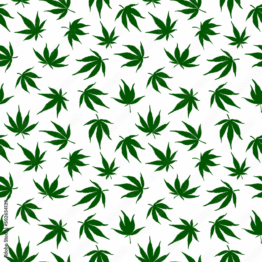 Seamless pattern of green cannabis leaves on a white background. Green hemp leaves. 