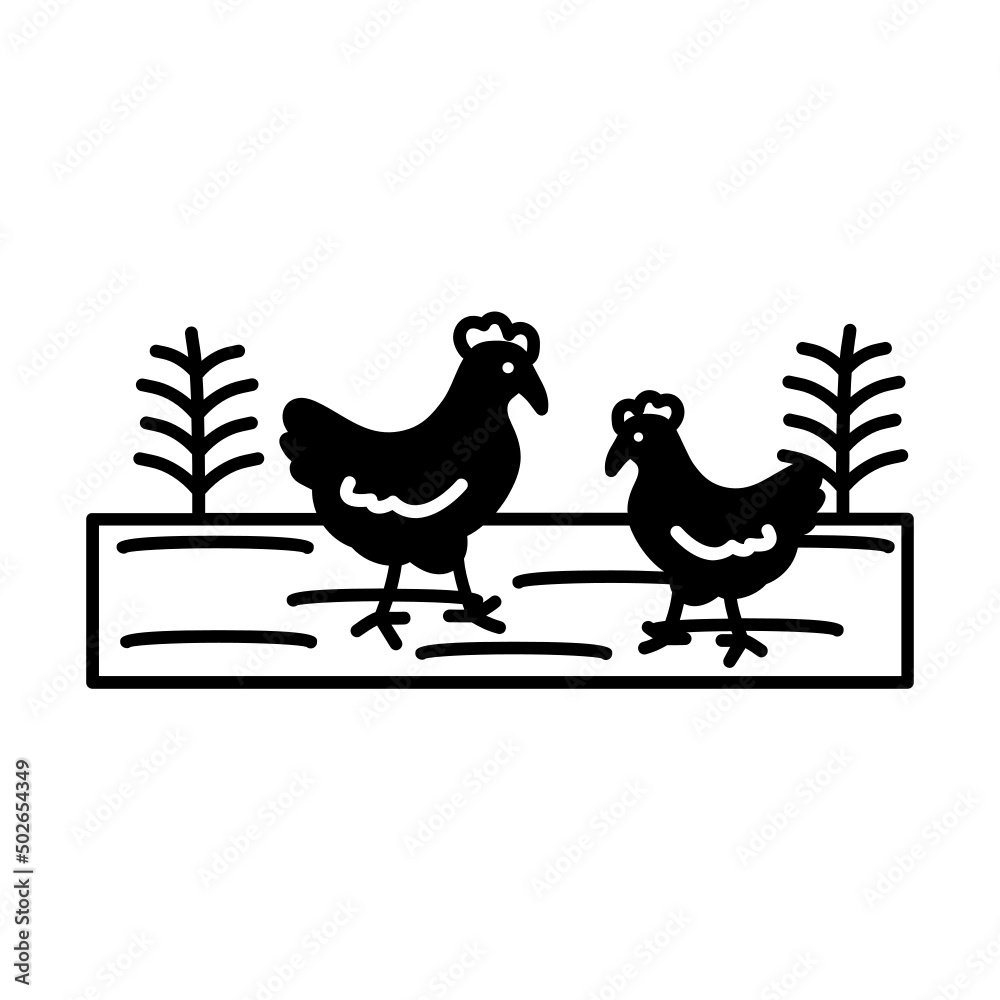 Fototapeta premium poultry farm chicks vector icon design, Farming and Agriculture symbol, village life Sign, Rural and Livestock stock illustration, Two Beautiful Hens Pecking Feed in a Farm with clouds Concept