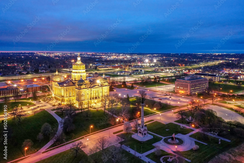 Aerial of Iowa State Capitol at Night