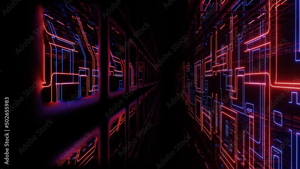 Hi-tech neon sci-fi tunel. Trendy neon glow lines form pattern and construction in mirror tunnel. Fly through technology cyberspace. Glow lines form sci-fi pattern. 3d looped seamless 4k bg. Hi-tech neon sci-fi tunel. Trendy neon glow lines form pattern and construction in mirror tunnel. Fly through technology cyberspace. Glow lines form sci-fi pattern. 3d looped seamless 4k bg.