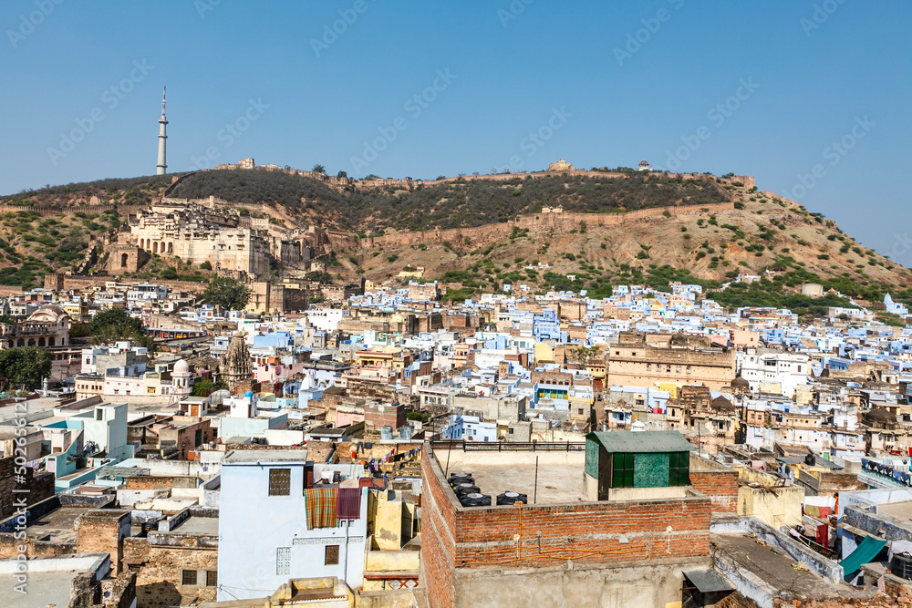 View at the city of Bundi and the palace,  Rajasthan, India, Asia