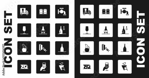 Set Tap for a barrel, Champagne bottle, Wine glass, truck, temperature, Wooden wine, Bottle of and Decanter icon. Vector