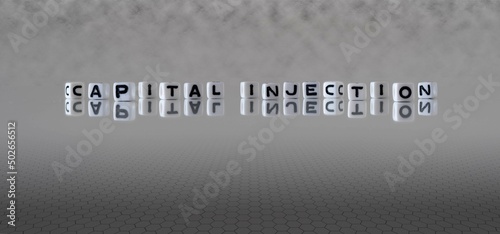 capital injection word or concept represented by black and white letter cubes on a grey horizon background stretching to infinity