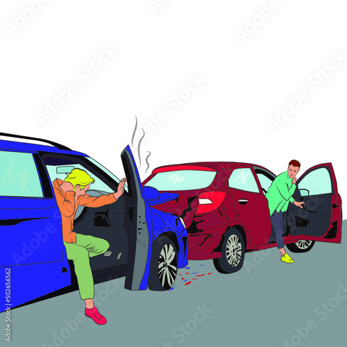 Traffic accident, impacted cars, injured occupants.