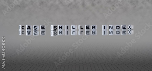 case shiller index word or concept represented by black and white letter cubes on a grey horizon background stretching to infinity