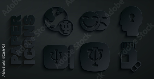 Set Psychology, Psi, Solution to the problem, Sedative pills, Comedy and tragedy masks and icon. Vector