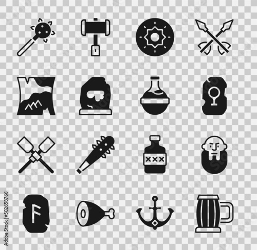 Set Wooden beer mug, Viking head, Magic rune, Shield viking, Folded map, Mace with spikes and Bottle potion icon. Vector