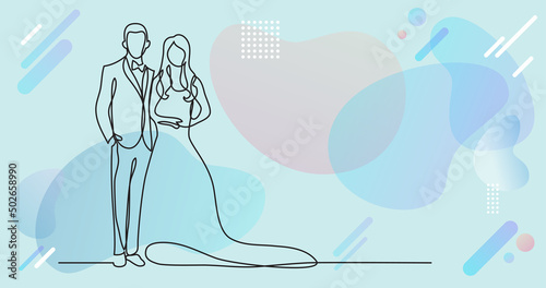 continuous line drawing of happy groom bride standing at wedding