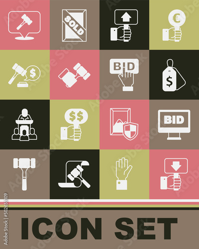 Set Hand holding auction paddle  Online  Price tag with Sale  Auction hammer  price  and Bid icon. Vector