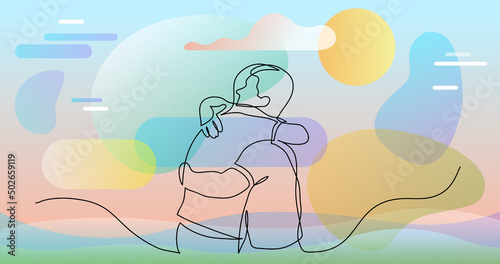 continuous line drawing of men friends hugging each other