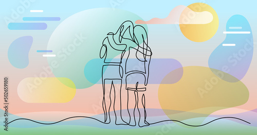 continuous line drawing of two teenage girls hugging each other