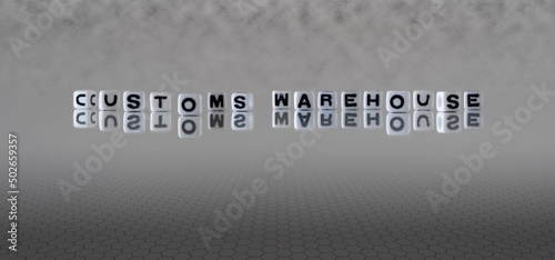 customs warehouse word or concept represented by black and white letter cubes on a grey horizon background stretching to infinity