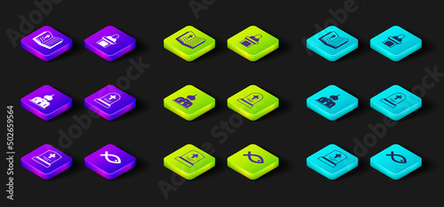 Set Grave with tombstone, Christian fish symbol, Church building, pastor preaching and Holy bible book icon. Vector