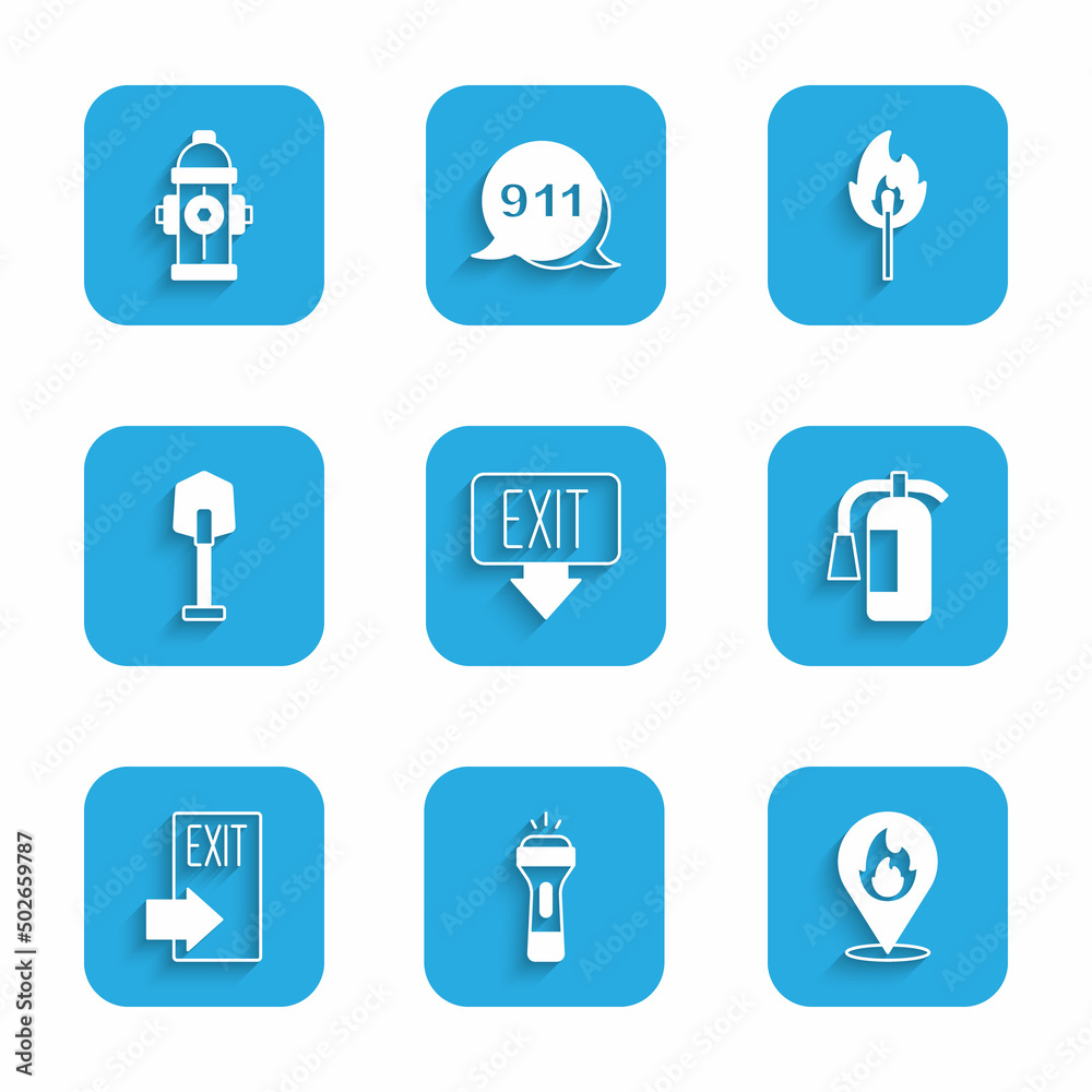 Set Fire exit, Flashlight, Location with fire flame, extinguisher, shovel, Burning match and hydrant icon. Vector Set Fire exit, Flashlight, Location with fire flame, extinguisher, shovel, Burning match and hydrant icon. Vector