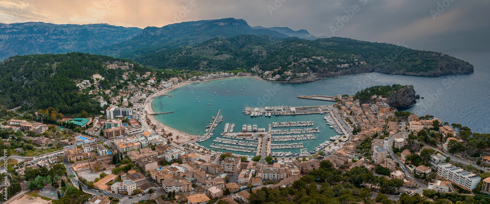 Beautiful aerial harbour of Port de Soller, Mallorca, Spain