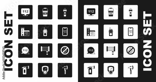 Set Flashlight, Walkie talkie, Building of fire station, Emergency call, Mobile emergency 911, Fire bucket, No and icon. Vector