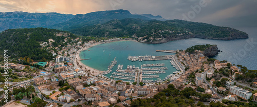 Beautiful aerial harbour of Port de Soller, Mallorca, Spain © ingusk