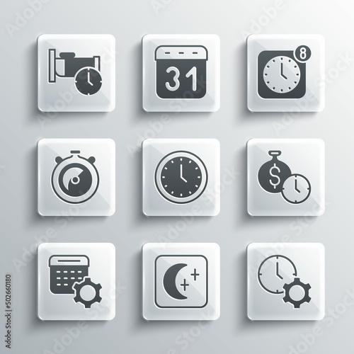 Set Moon and stars, Time management, is money, Clock, Calendar settings, Stopwatch, sleep and Alarm clock app mobile icon. Vector