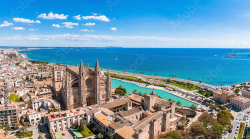 Aerial view of La Seu, the gothic medieval cathedral of Palma de Mallorca in Spain