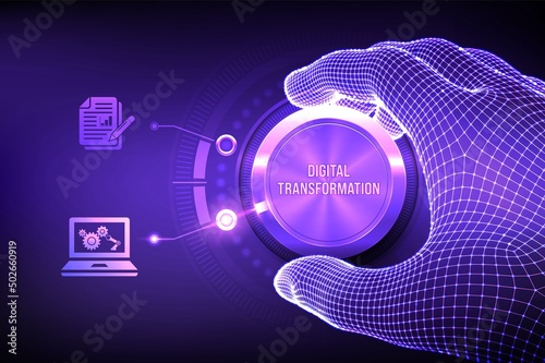 Digital transformation. Digitization of business processes and modern technology. Wireframe hand turning a knob and selecting digital mode. Digitalization of analog data concept. Vector illustration.