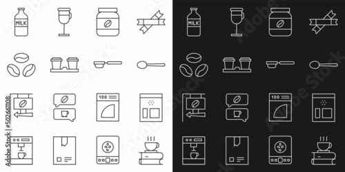 Set line Coffee cup and book, Bag coffee beans, Spoon, jar bottle, to go, Bottle with milk and filter holder icon. Vector