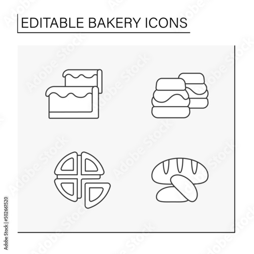 Bakery line icons set. Sweet desserts. Cheesecake, bread, waffle and cream puffs.Tasty bread. Baking concepts. Isolated vector illustrations.Editable stroke