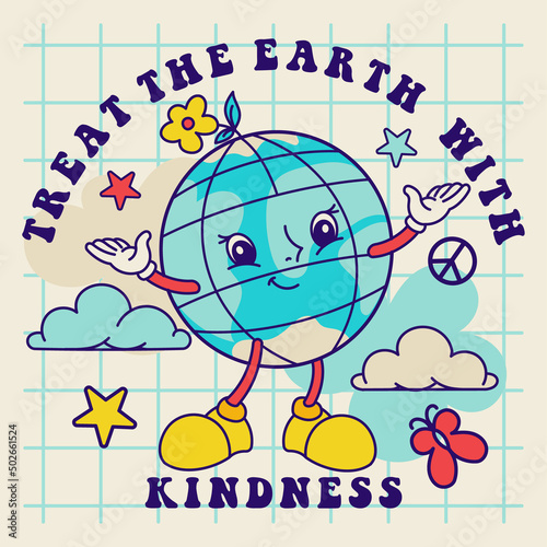 Retro 70's poster or print with Earth and inspiration slogan: Treat the Earth with kindness. Groovy vector illustration of planet, globe with smiley face.
