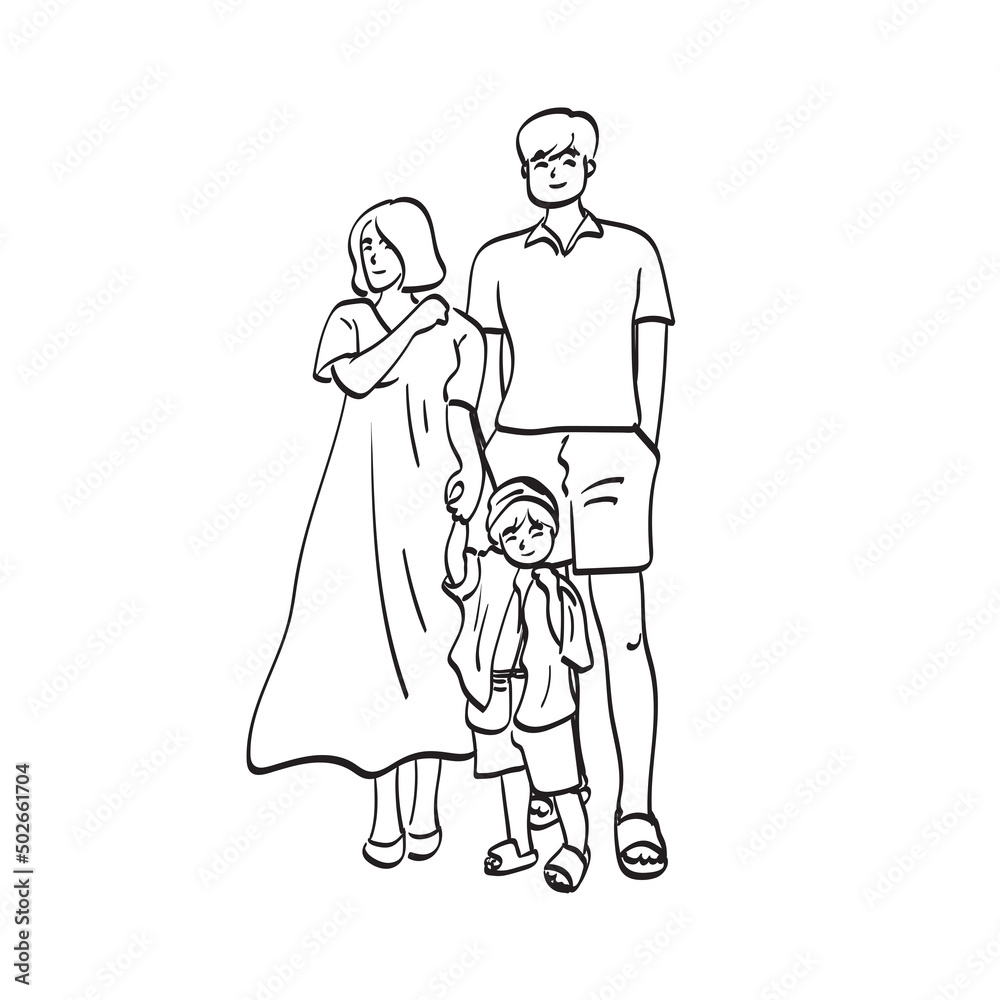 line art full length portrait of happy family illustration vector hand drawn isolated on white background