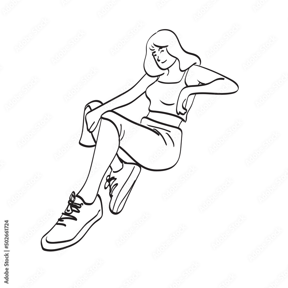 Fototapeta premium line art woman sitting on the ground with copy space illustration vector hand drawn isolated on white background