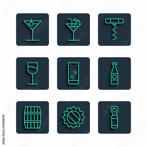 Set line Wooden barrel, Bottle cap, opener, Wine corkscrew, Effervescent tablets water, glass, Martini and Beer bottle icon. Vector