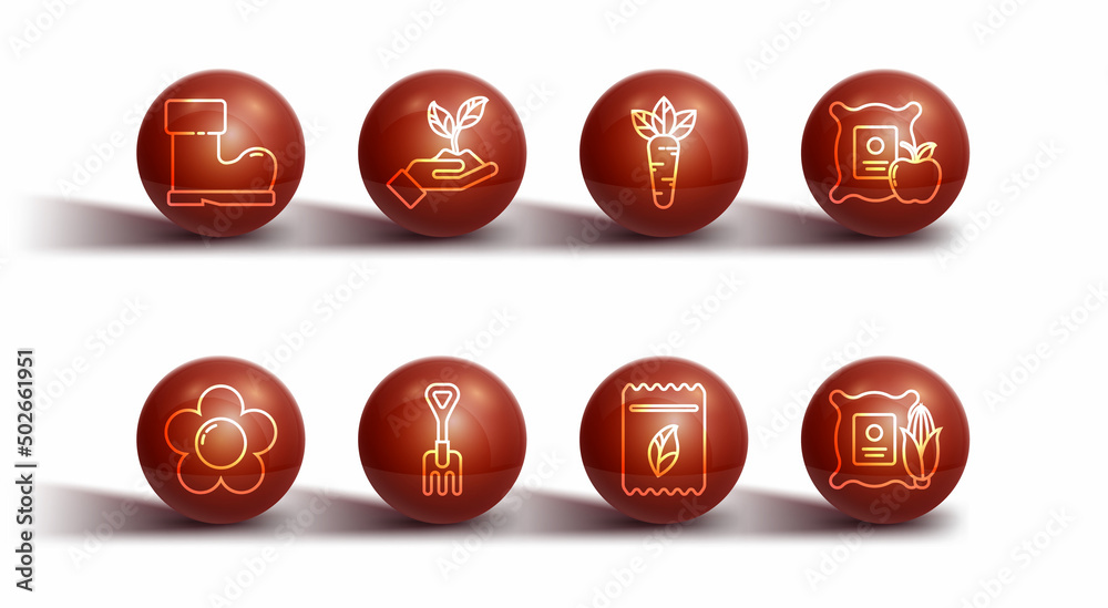 Set line Waterproof rubber boot, Flower, Apple in the sack, Pack full seeds plant, Garden rake, Plant hand environmental, Corn and Carrot icon. Vector Set line Waterproof rubber boot, Flower, Apple in the sack, Pack full seeds plant, Garden rake, Plant hand environmental, Corn and Carrot icon. Vector