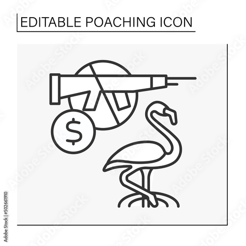  Hunting line icon. Illegal hunting of rare pink flamingo bird. Bloody trophy. Poaching concept. Isolated vector illustration. Editable stroke