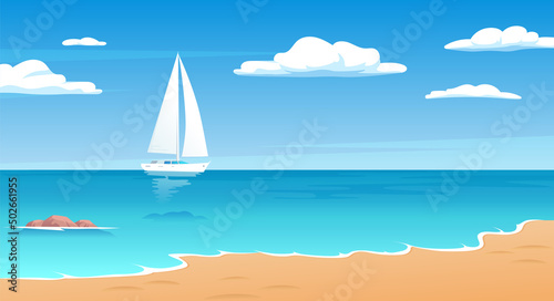 Sea beach landscape with white boat vector illustration