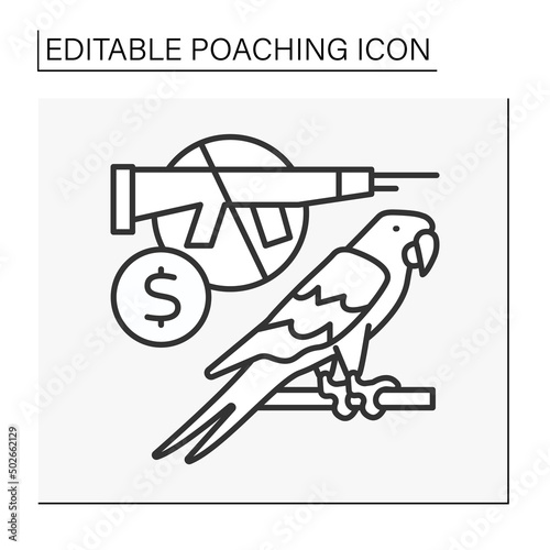  Hunting line icon. Illegal activity. Hunting rare macaw parrots. Bloody trophy. Hunter kills birds. Poaching concept. Isolated vector illustration. Editable stroke