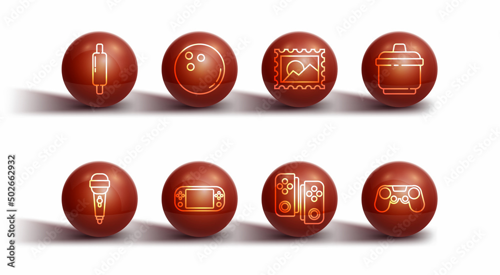 Set line Rolling pin, Microphone, Cooking pot, Gamepad, Portable video game console, Bowling ball, and Postal stamp icon. Vector Set line Rolling pin, Microphone, Cooking pot, Gamepad, Portable video game console, Bowling ball, and Postal stamp icon. Vector