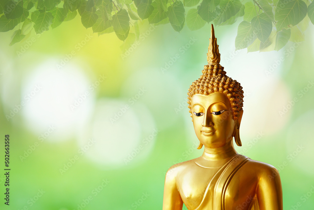Makha Bucha Day.Vesak Day.Asanha Bucha.Buddhist Lent.Buddha statue background blurred flowers and sky with the light of the sun. Makha Bucha Day.Vesak Day.Asanha Bucha.Buddhist Lent.Buddha statue background blurred flowers and sky with the light of the sun.
