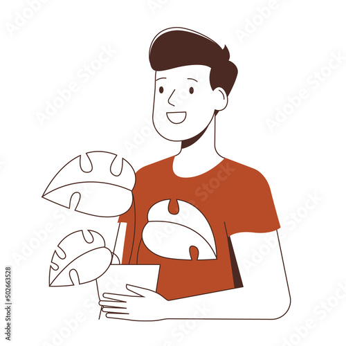 Illustration of a happy young man with houseplant in his hand. Mininmalist outline flat vector design.