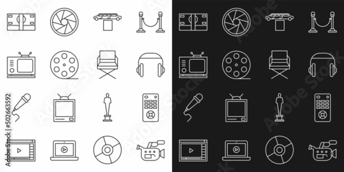 Set line Cinema camera, Remote control, Headphones, Limousine car and carpet, Film reel, Retro tv, Stacks paper money cash and Director movie chair icon. Vector
