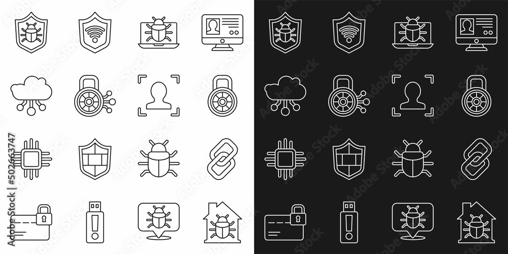 Set line House system bug, Chain link, Safe combination lock, System monitor, Cyber security, Internet of things, and Face recognition icon. Vector