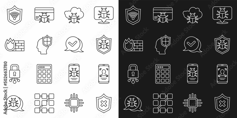 Set line Shield with cross mark, Mobile and face recognition, System bug, cloud, Head shield, Firewall, security wall, WiFi wireless and Check in speech bubble icon. Vector