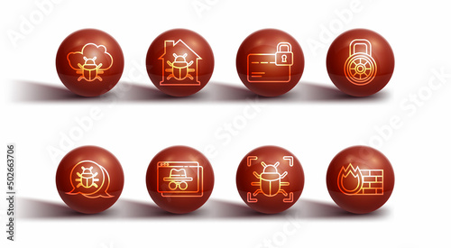 Set line System bug on a cloud, Safe combination lock, Browser incognito window, House system, Firewall, security wall and Credit card with icon. Vector