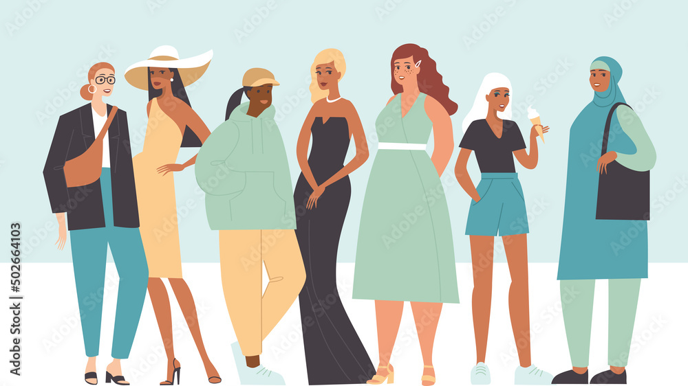 Obraz premium Multiethnic Group Of Women. Different stylish girls. Casual style multicultural female adults in trendy clothes.