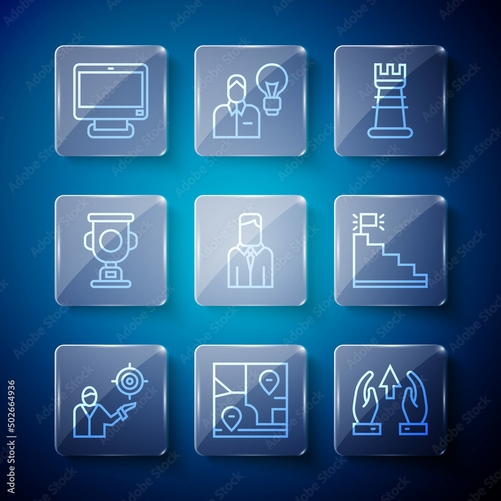 Set line Marketing target strategy, Folded map with location, Growth chart and progress, Business, Worker, Award cup, Computer monitor and Stair finish flag icon. Vector Set line Marketing target strategy, Folded map with location, Growth chart and progress, Business, Worker, Award cup, Computer monitor and Stair finish flag icon. Vector