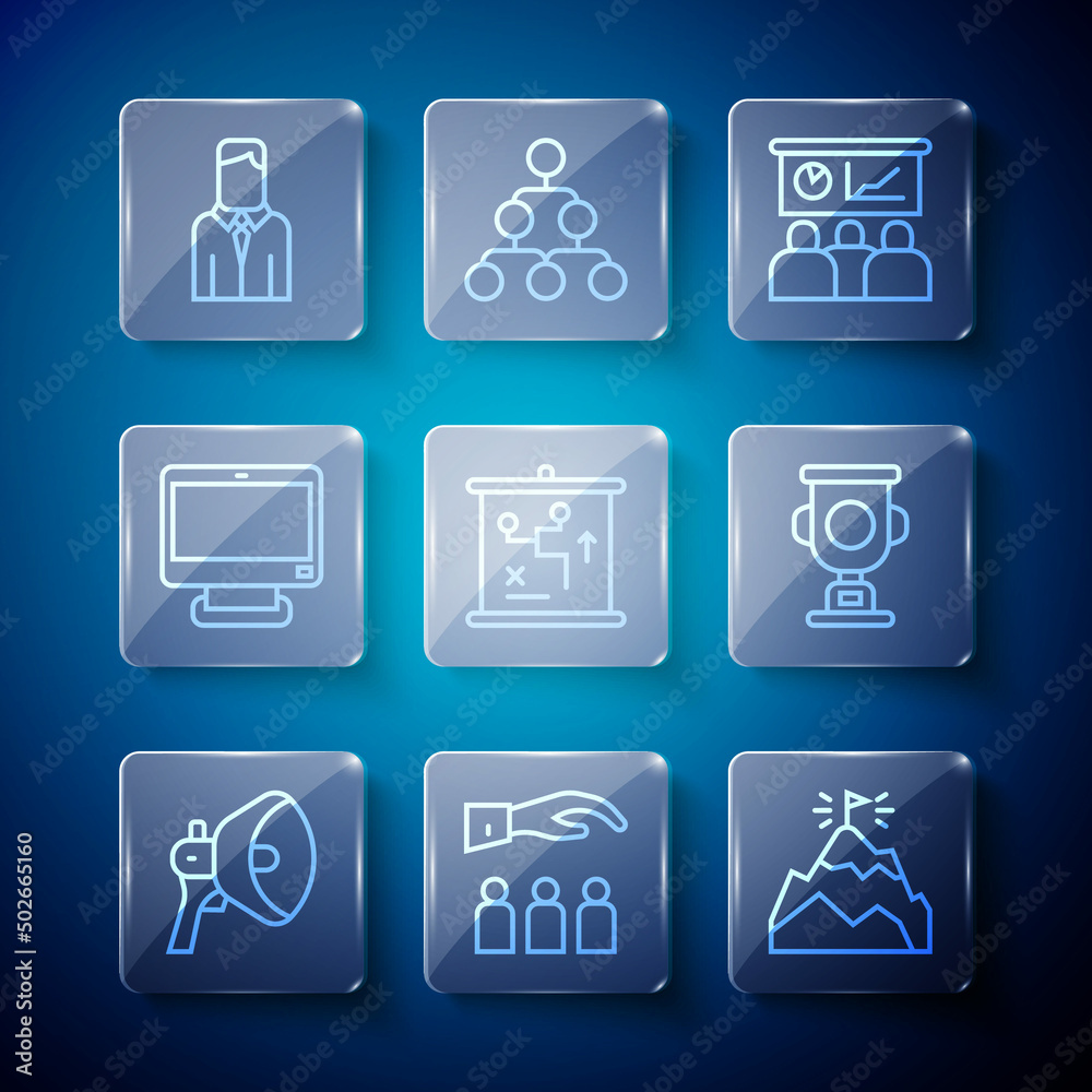 Set line Megaphone, Boss with employee, Mountains flag, Training, presentation, Planning strategy concept, Computer monitor, Worker and Award cup icon. Vector